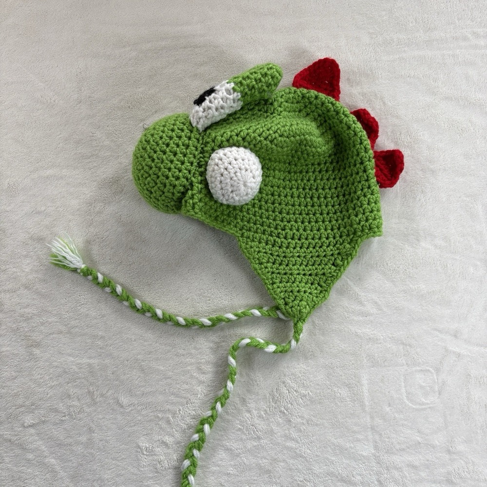 Handmade Crochet Yoshi Earflap Hat Green Dinosaur Beanie Nintendo Inspired